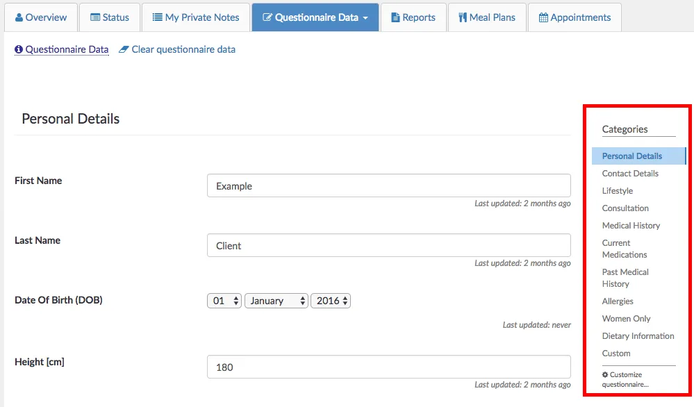 example of data categories NutriAdmin